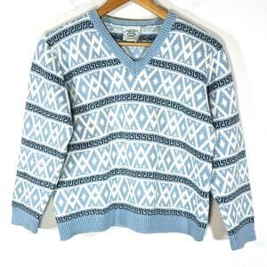VINTAGE LAURA ASHLEY Cotton Knit V-neck Sweater Geometric Fairaisle Womans OS